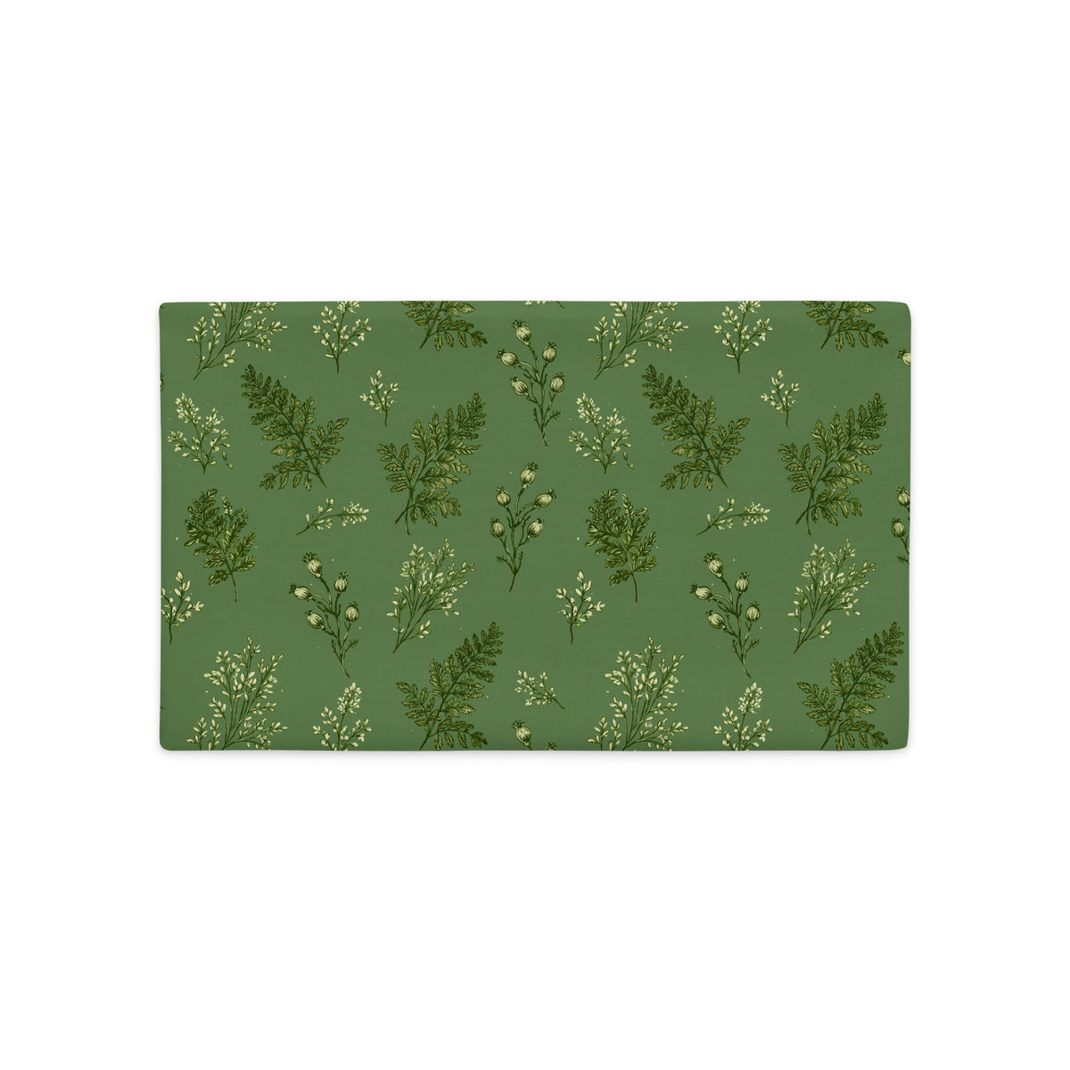 A rectangular placemat with a green background and a repeating pattern of delicate white and dark green wildflower illustrations, shown on a plain white background.
