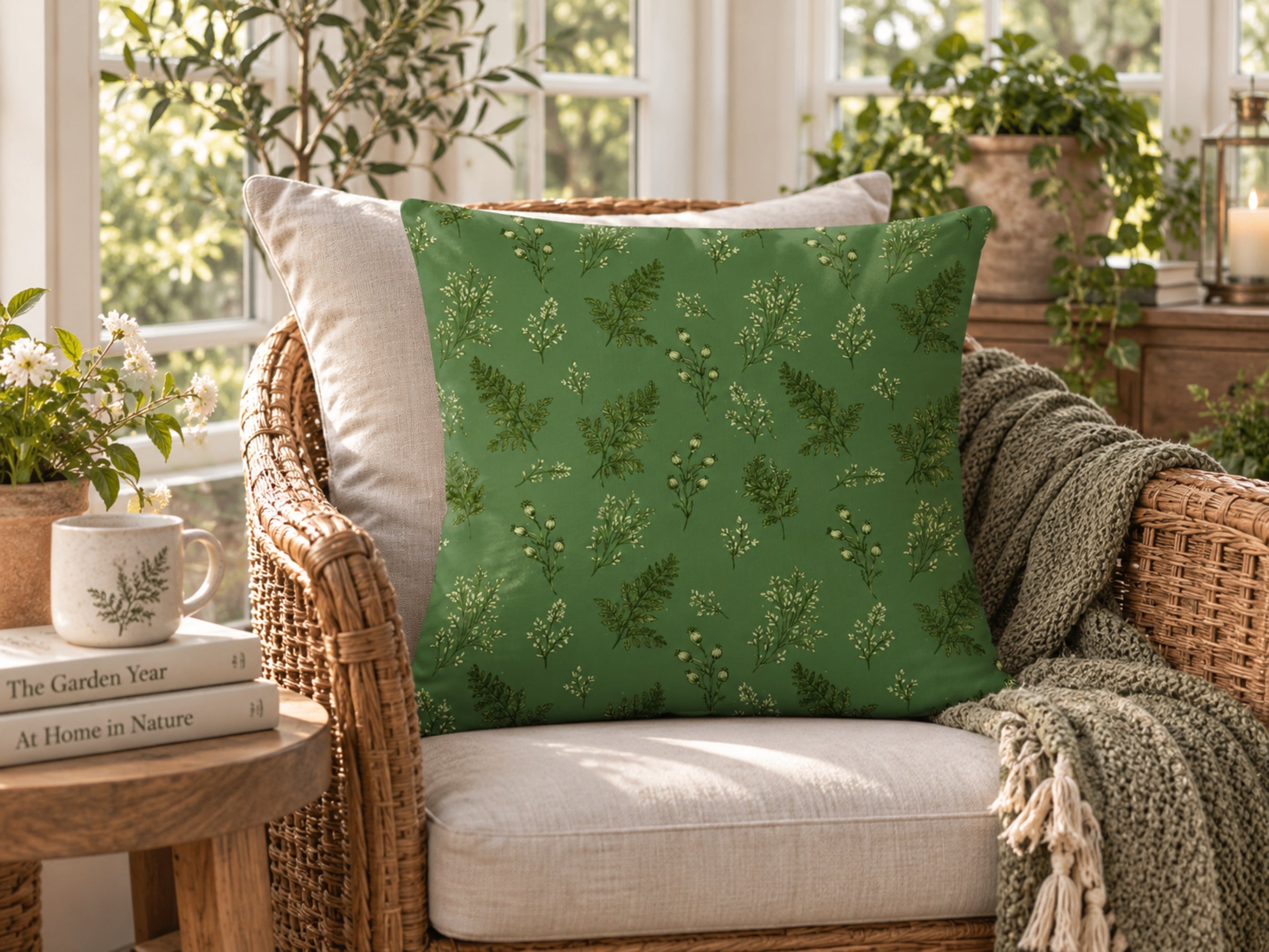 A square green throw pillow with a delicate green fern and leaf pattern, styled on a wicker armchair in a bright, sunlit room with a knit blanket and a side table.