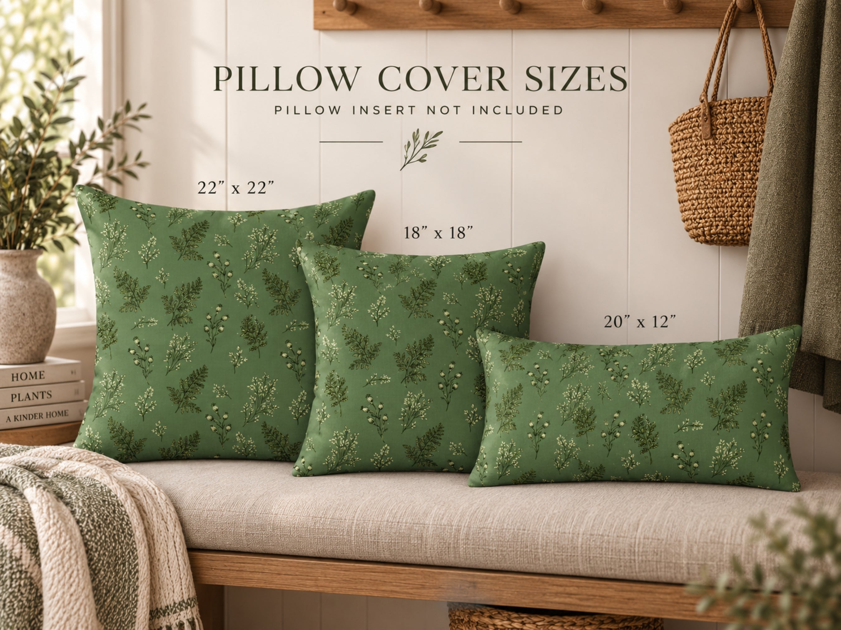 Three green patterned throw pillows displayed on a beige bench against a white wall, with overlaid size labels reading 22 x 22, 18 x 18, and 20 x 12. Text at the top says pillow cover sizes and pillow insert not included.
