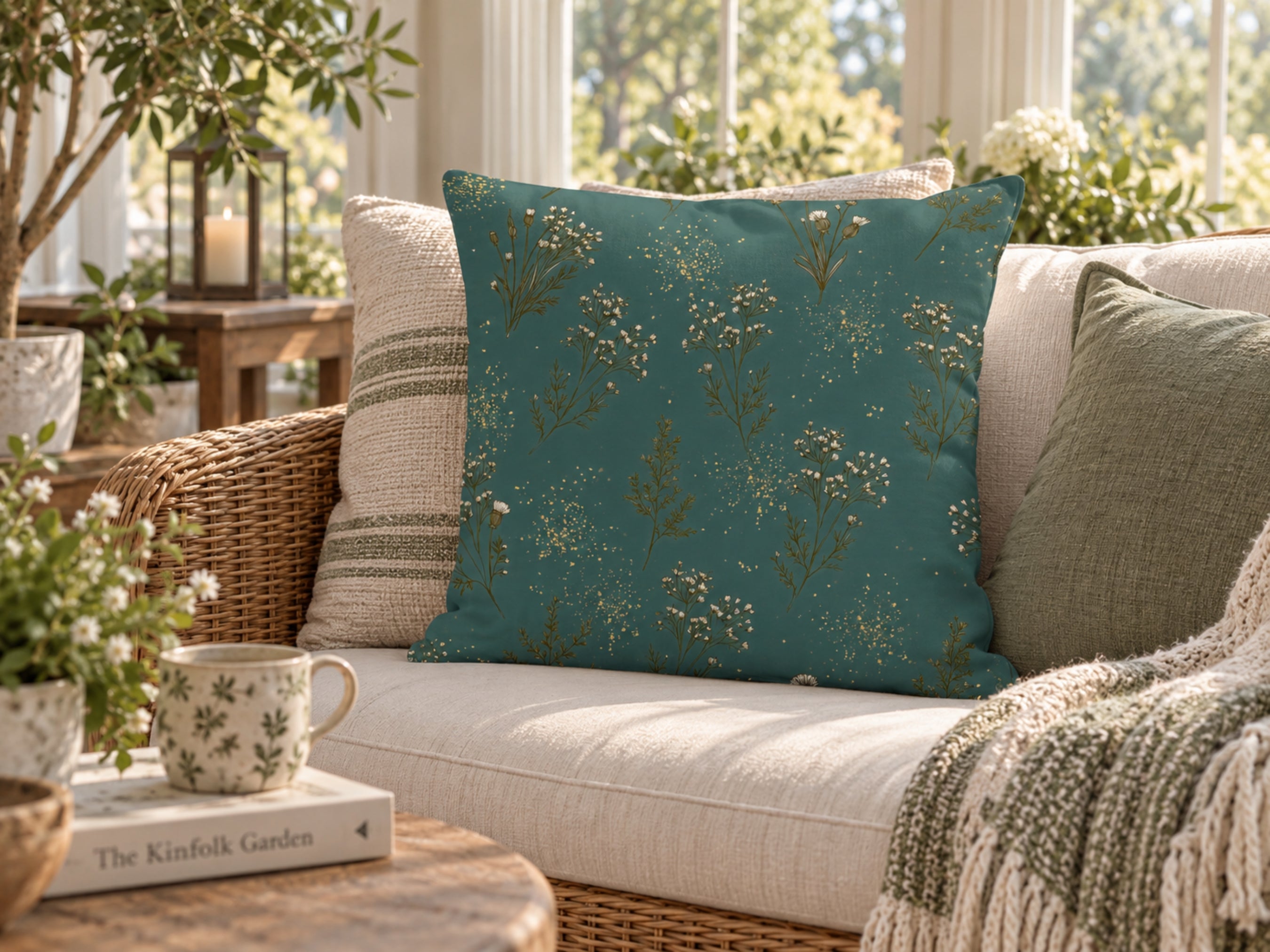 Muted Teal Ivory Floral & Gold Speckle Pillow Cover