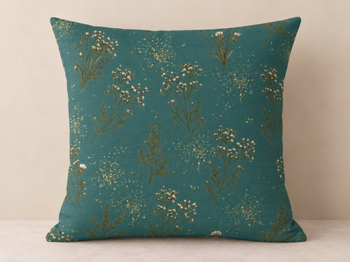 Muted Teal Ivory Floral & Gold Speckle Pillow Cover