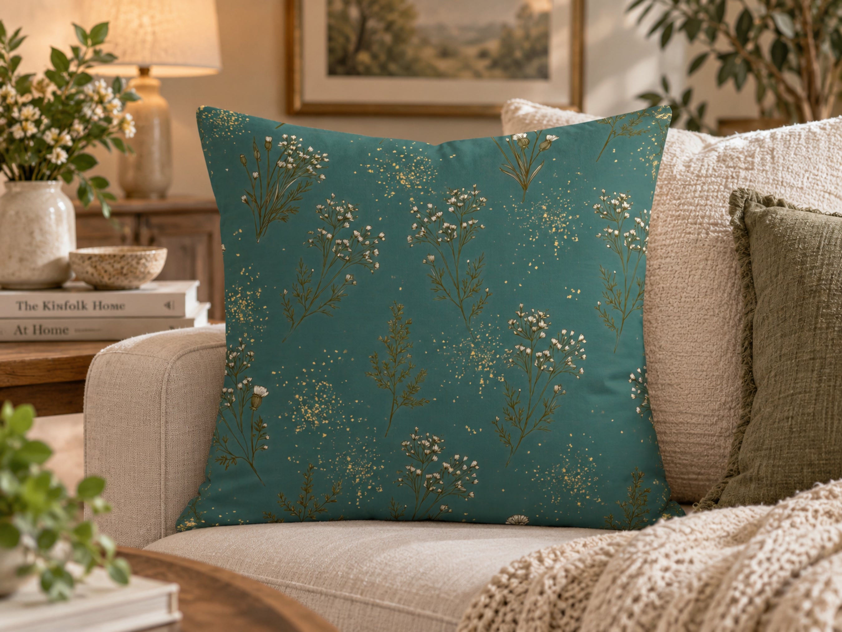 Muted Teal Ivory Floral & Gold Speckle Pillow Cover