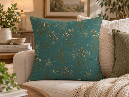 Muted Teal Ivory Floral & Gold Speckle Pillow Cover