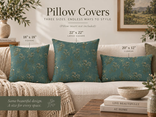 Muted Teal Ivory Floral & Gold Speckle Pillow Cover