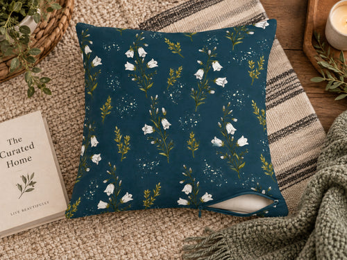 Navy Blue & White Bell Flower Pillow Cover
