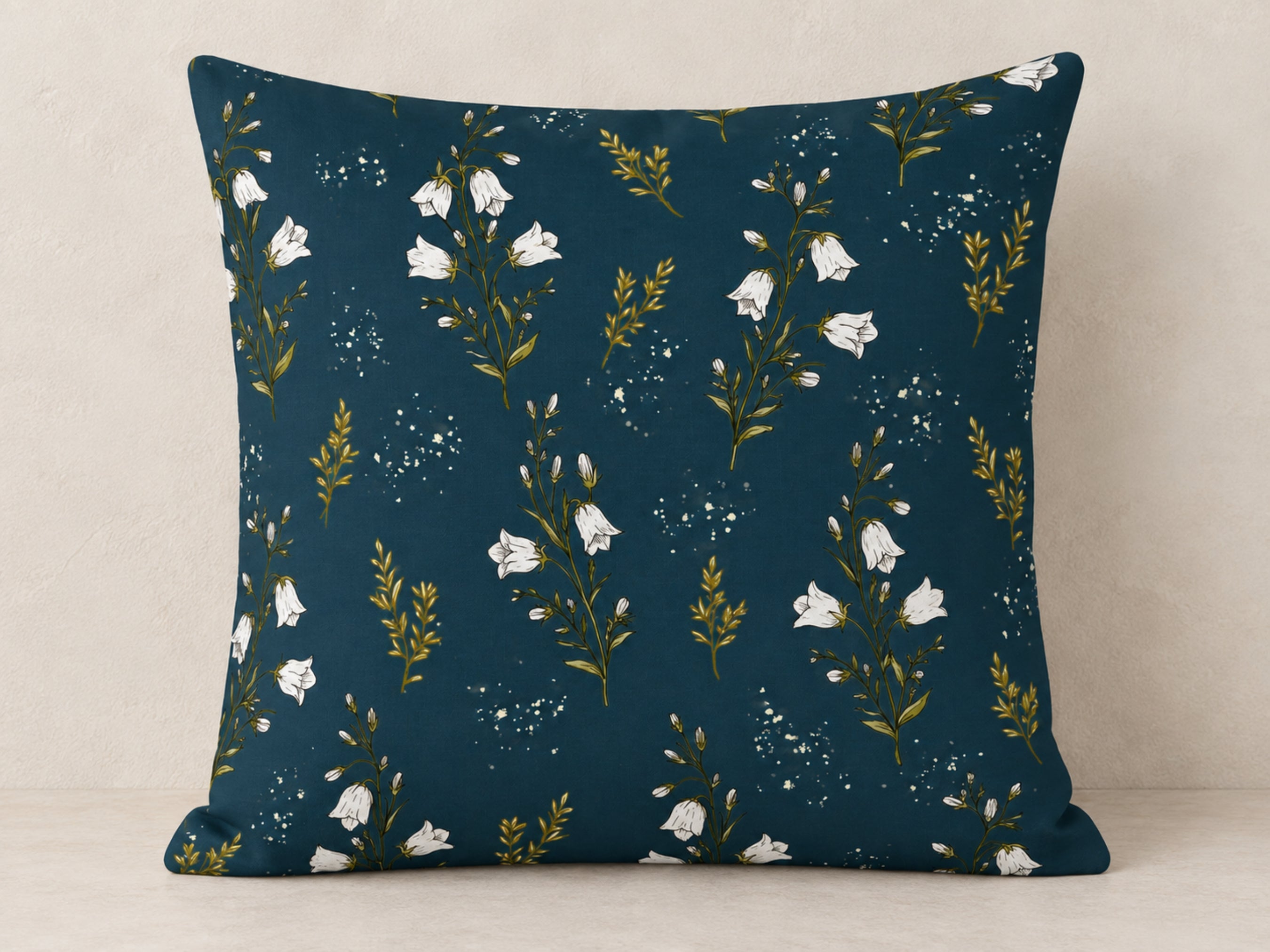 Navy Blue & White Bell Flower Pillow Cover