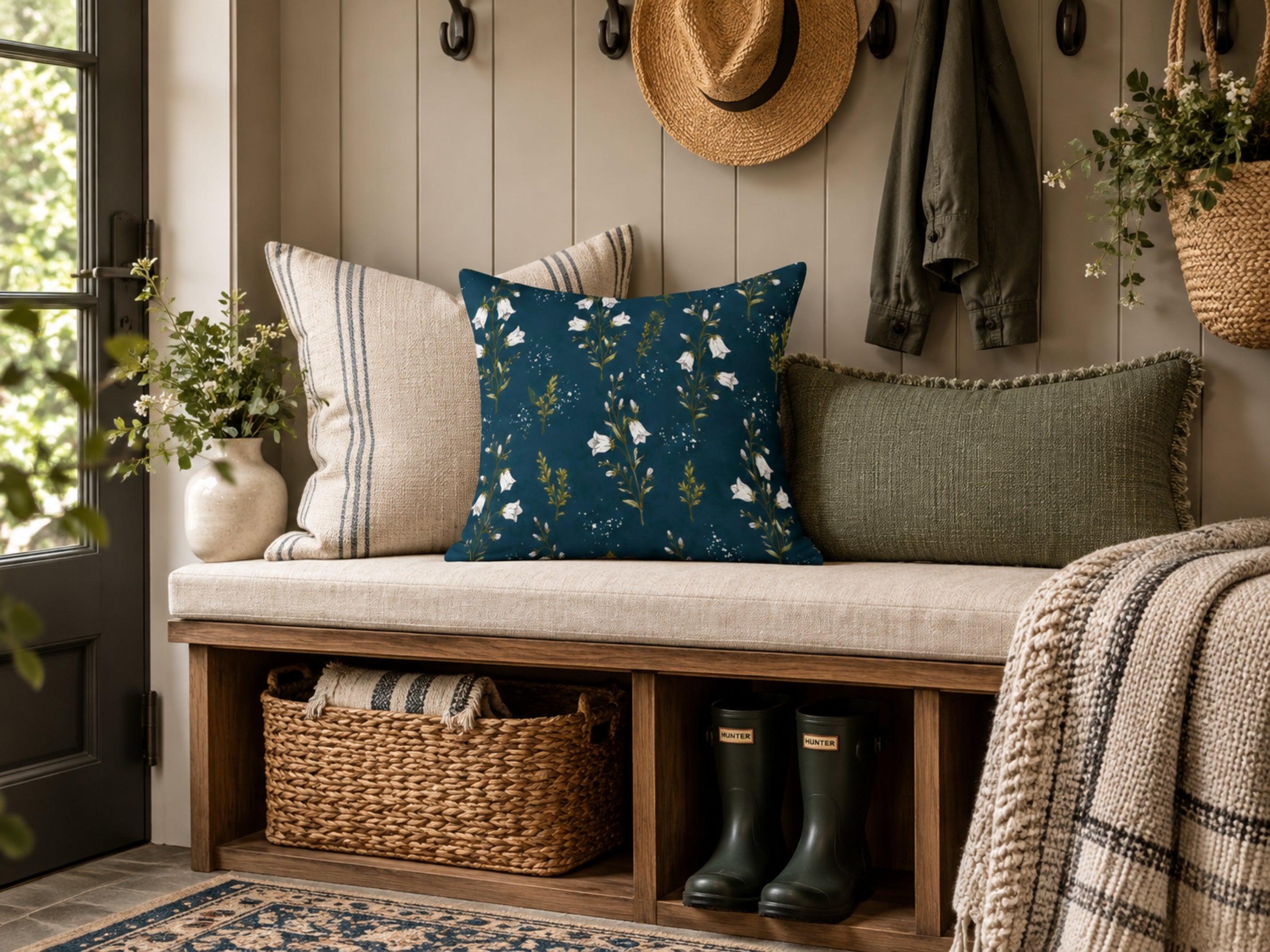 Navy Blue & White Bell Flower Pillow Cover