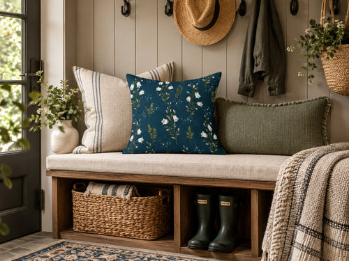 Navy Blue & White Bell Flower Pillow Cover