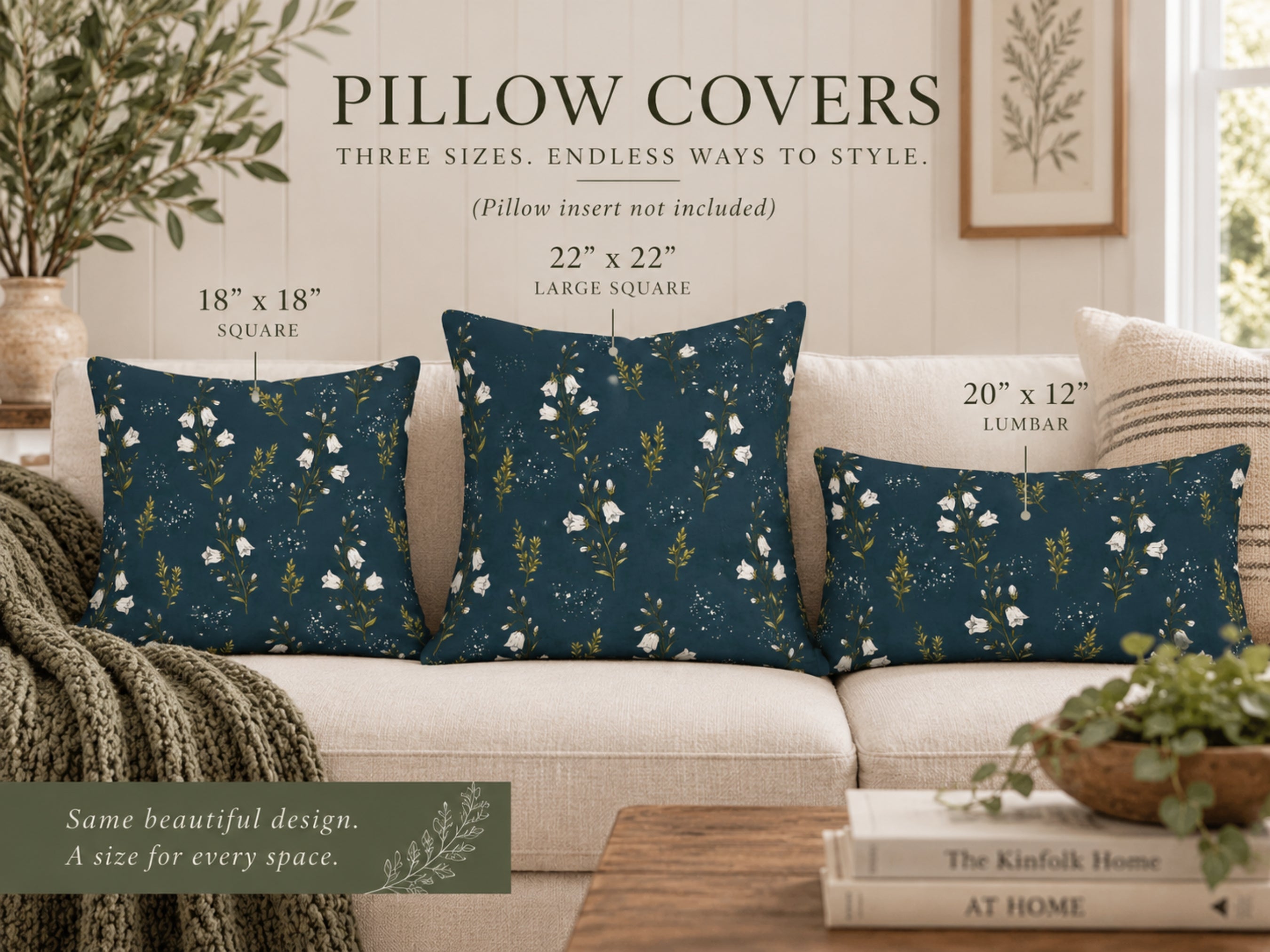 Navy Blue & White Bell Flower Pillow Cover