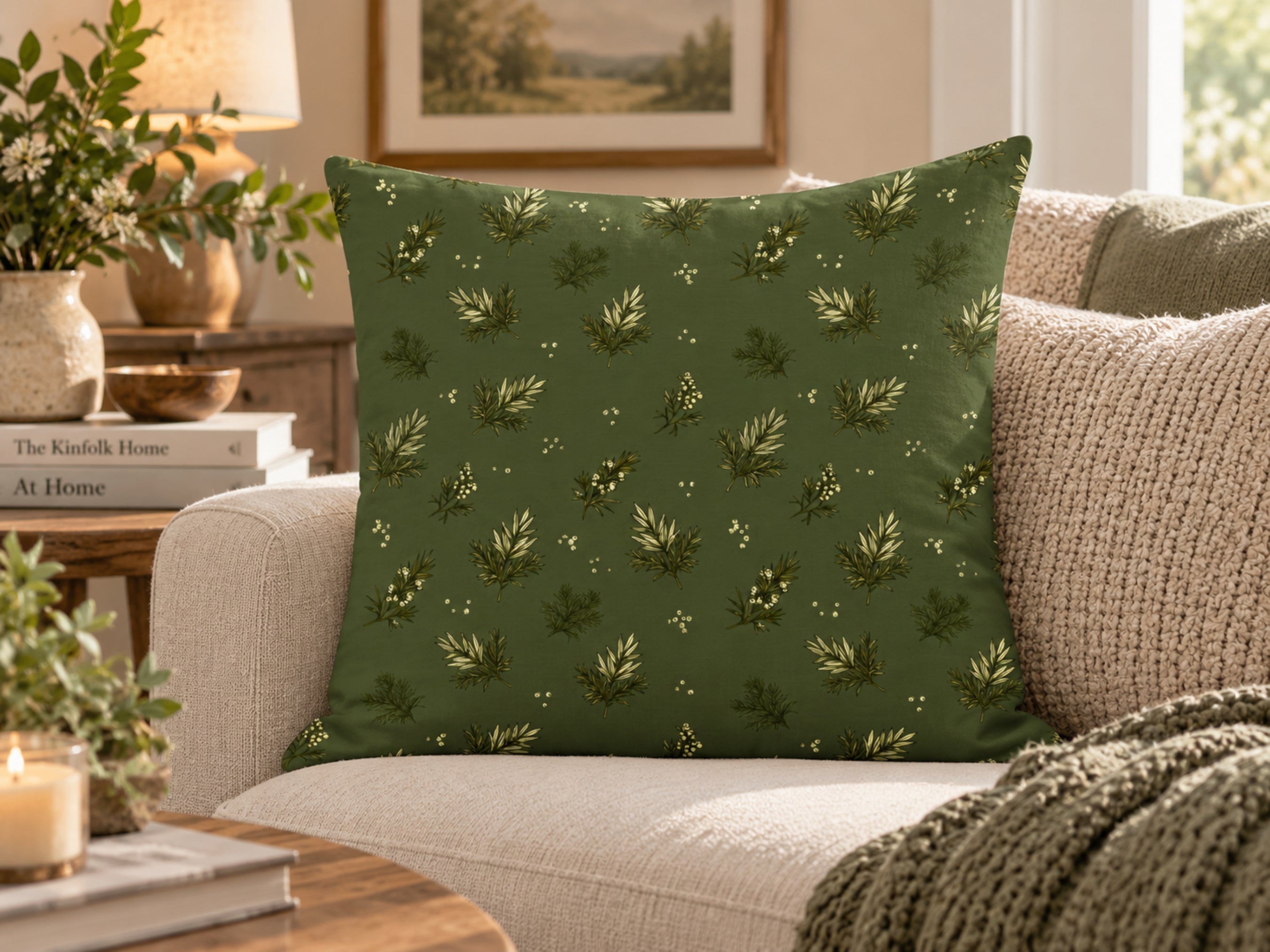 Olive Green Evergreen & Berry Pillow Cover
