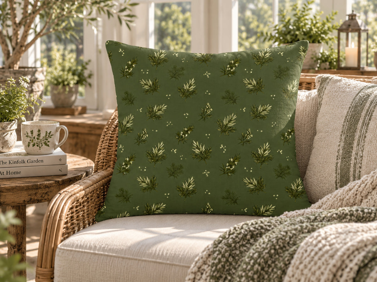 Olive Green Evergreen & Berry Pillow Cover