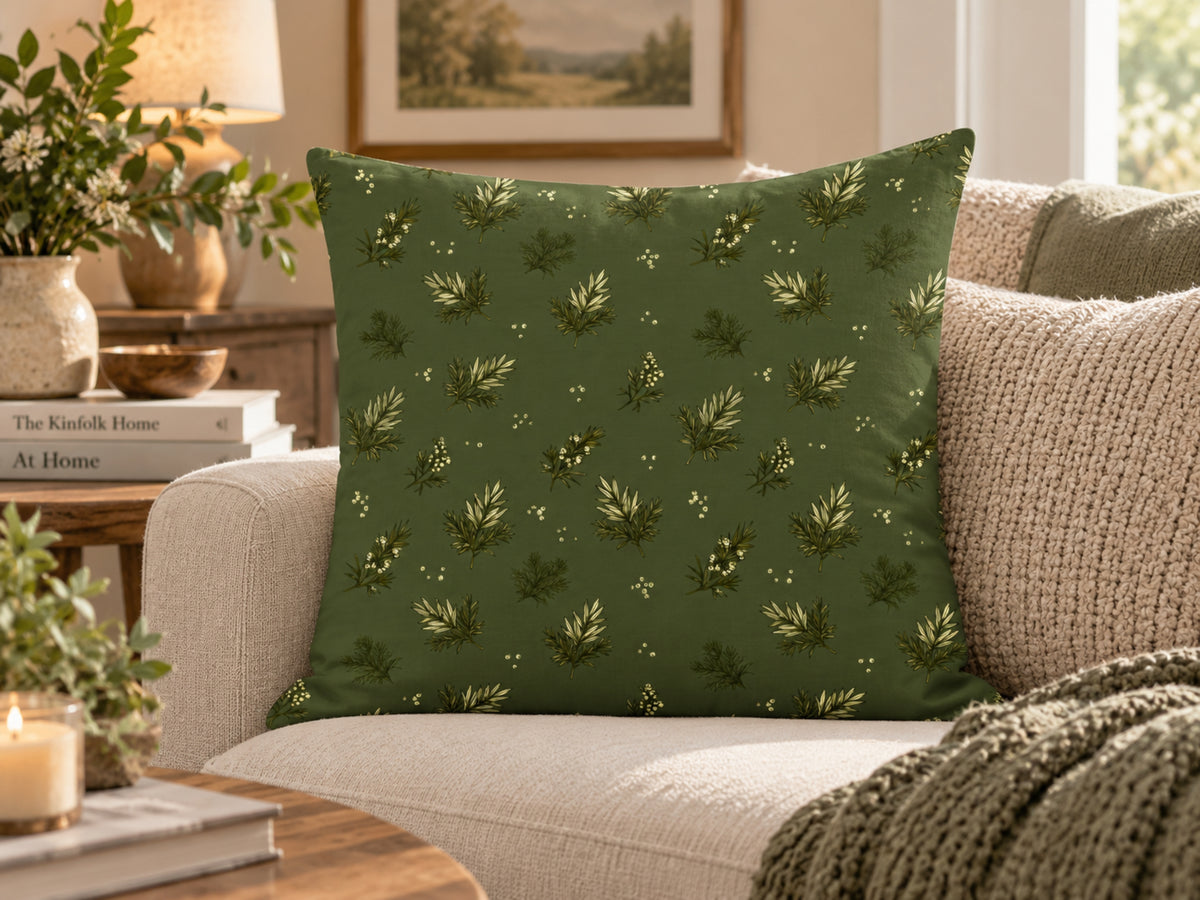 Olive Green Evergreen & Berry Pillow Cover