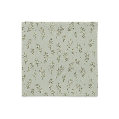 A square fabric or paper napkin with a repeating botanical pattern of muted sage green leaves on a light gray background, shown flat against a white backdrop.