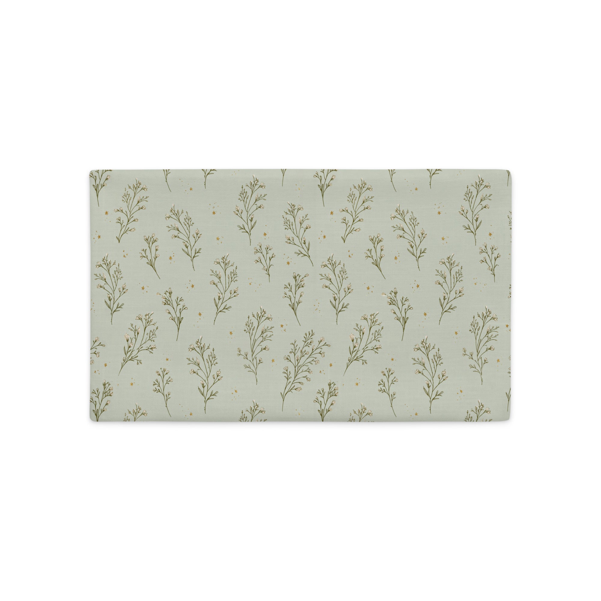 A rectangular pillow cover featuring a repeating pattern of muted sage green botanical stems and tiny gold dots on a light sage green background, shown flat against a white background.