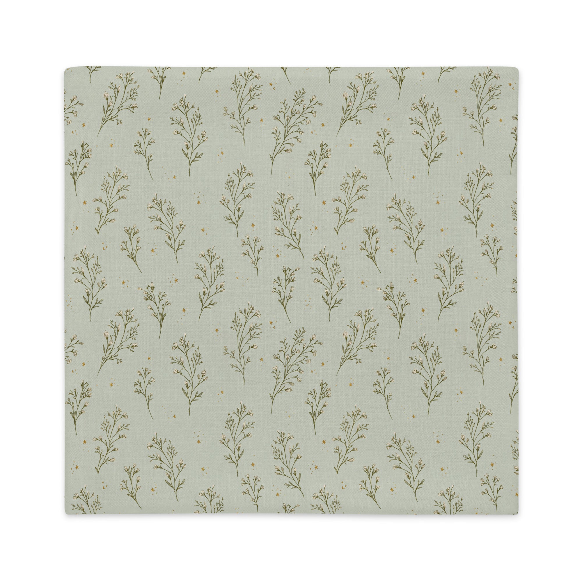A square pillow cover with a repeating pattern of delicate olive green botanical stems on a muted sage green background, accented with tiny gold dots.