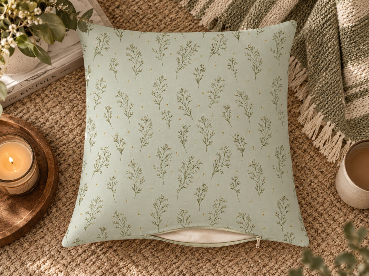 A square throw pillow with a sage green botanical pattern on a pale mint background, styled on a woven jute rug with a candle, books, and a throw blanket.
