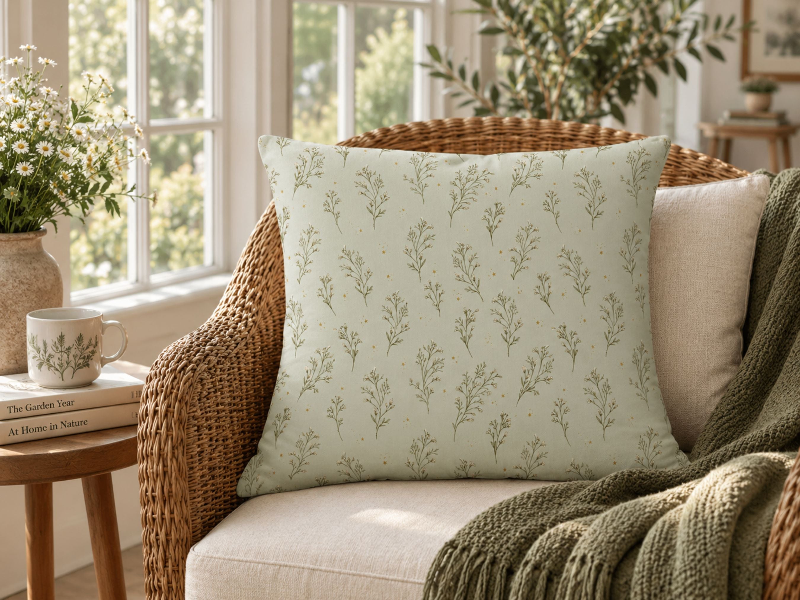 A square decorative throw pillow with a sage green botanical leaf pattern on a light cream background, styled on a wicker armchair in a bright, sunlit room.