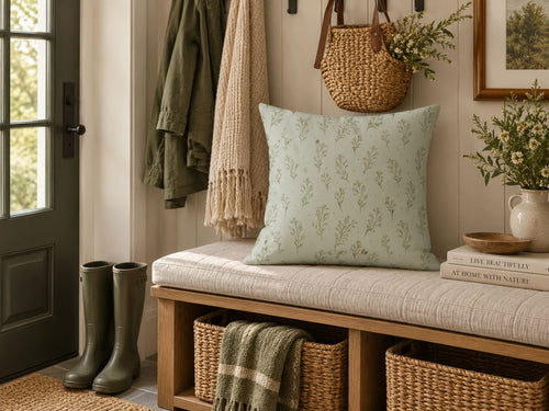 A square sage green throw pillow with a delicate botanical leaf pattern, styled on a wooden bench with a cream cushion in a rustic entryway setting.