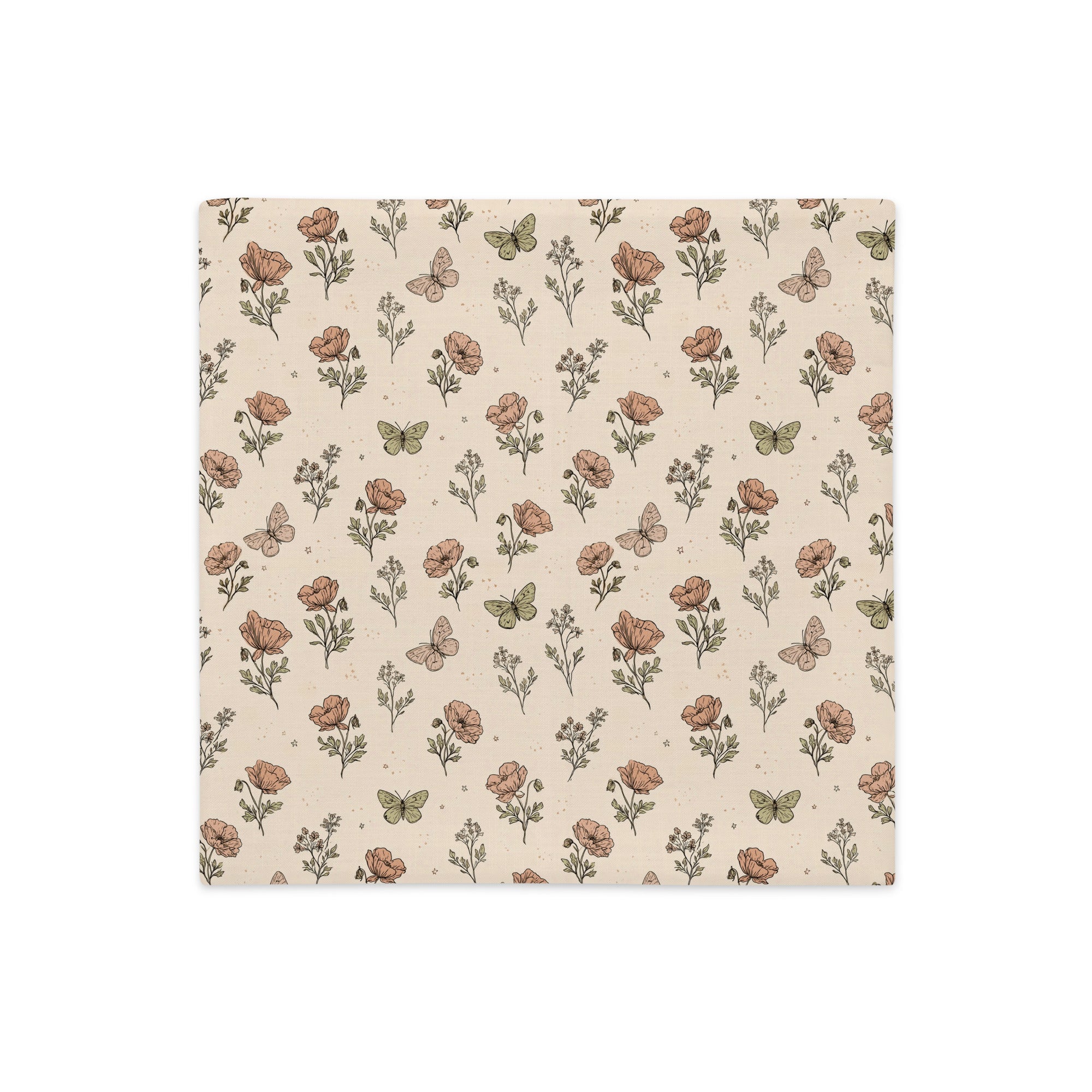 A square fabric napkin or paper towel featuring a vintage-style floral and butterfly pattern on a warm beige background.