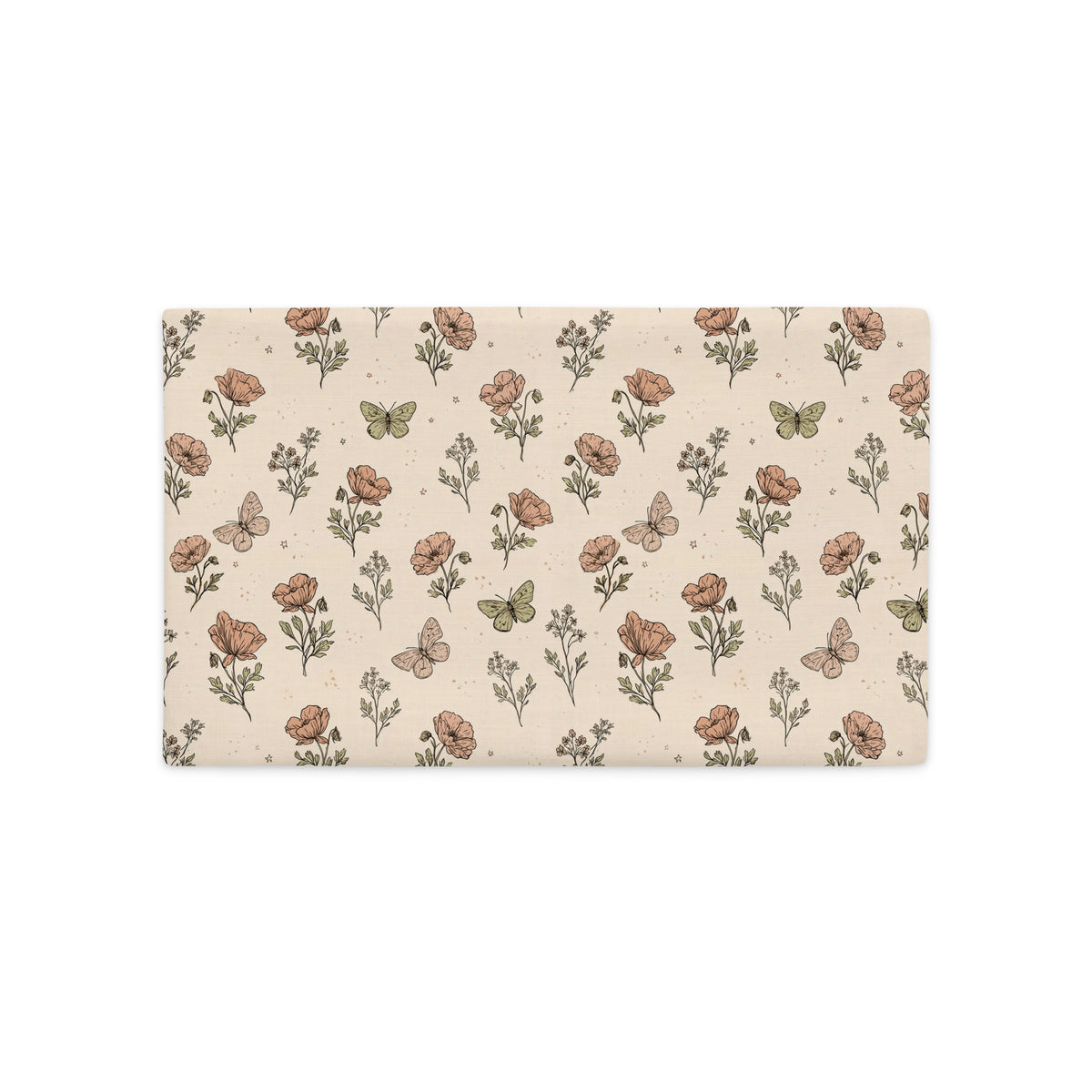A rectangular fabric placemat or desk mat featuring a vintage-style botanical pattern with poppy flowers, wildflowers, and butterflies on a warm beige background.