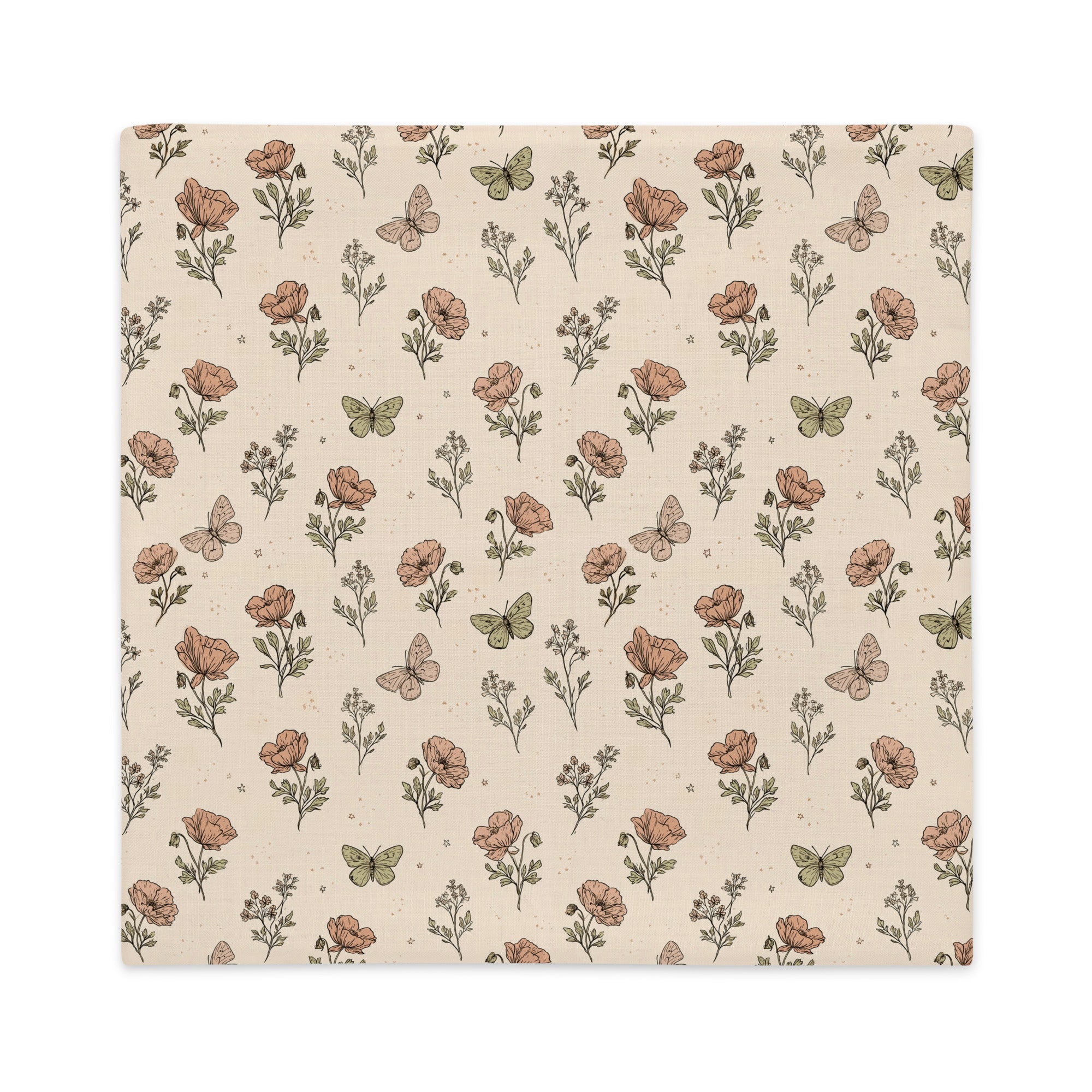 A square flat product, likely a coaster or mat, featuring a vintage-style botanical pattern with poppy flowers, leaves, and butterflies on a warm beige background.