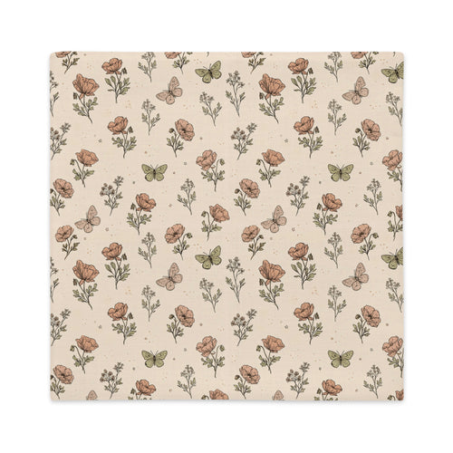 A square flat product, likely a coaster or mat, featuring a vintage-style botanical pattern with poppy flowers, leaves, and butterflies on a warm beige background.