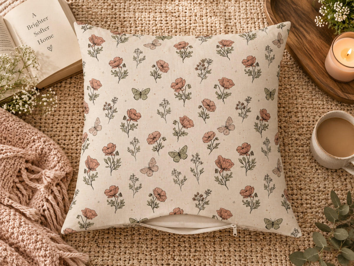 A square throw pillow with a vintage-style floral and butterfly print on a cream background, styled on a woven jute mat with a knit blanket, an open book, a candle, and a cup of coffee.