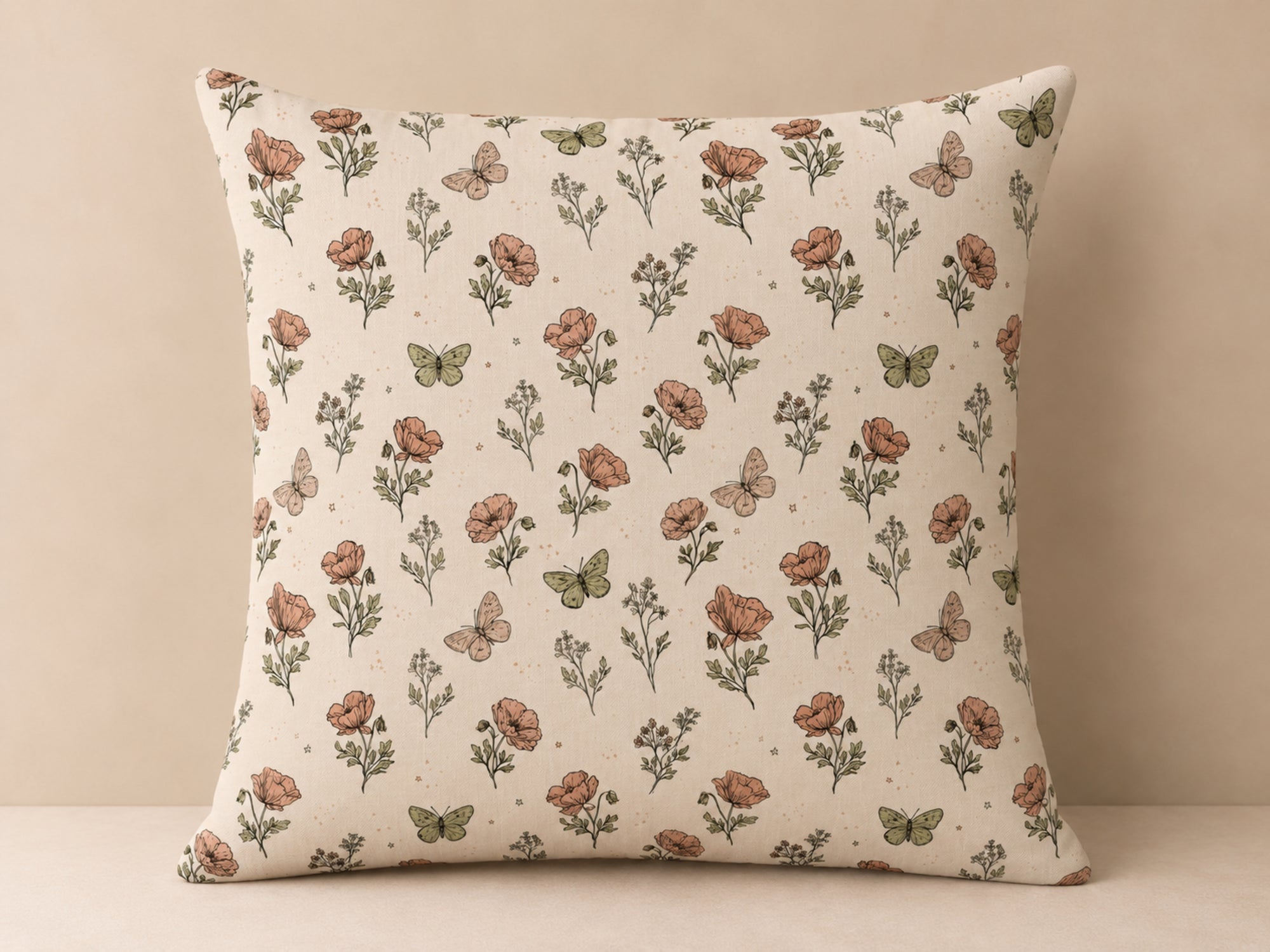 Peach Butterfly & Meadow Floral Pillow Cover