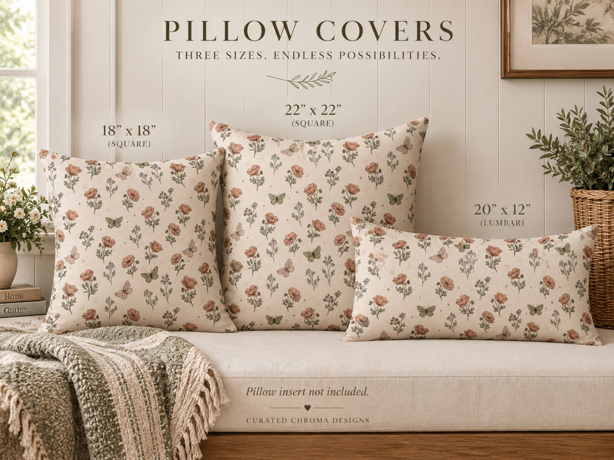 Four floral pillow covers displayed on a beige sofa in a styled room setting, with text overlays showing different sizes: 18" x 18", 22" x 22", and 20" x 12". The pillows feature a muted floral pattern on a warm cream background.
