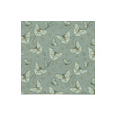 A square pillow cover featuring a repeating pattern of pale green butterflies and moths with small gold floral accents on a muted sage green background, shown against a plain white backdrop.