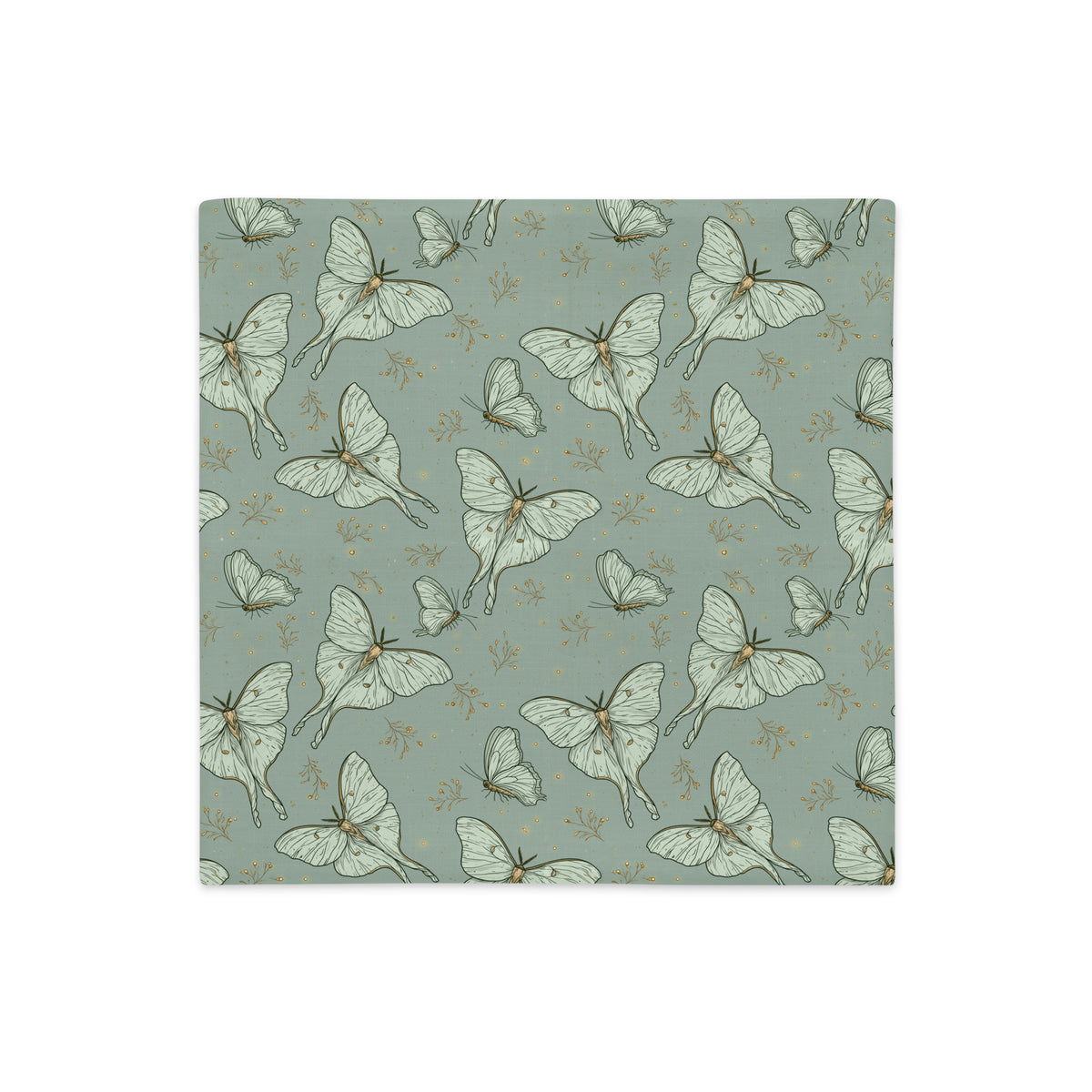 A square pillow cover featuring a repeating pattern of pale green butterflies and moths with small gold floral accents on a muted sage green background, shown against a plain white backdrop.