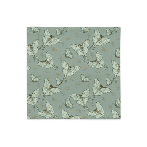 A square pillow cover featuring a repeating pattern of pale green butterflies and moths with small gold floral accents on a muted sage green background, shown against a plain white backdrop.