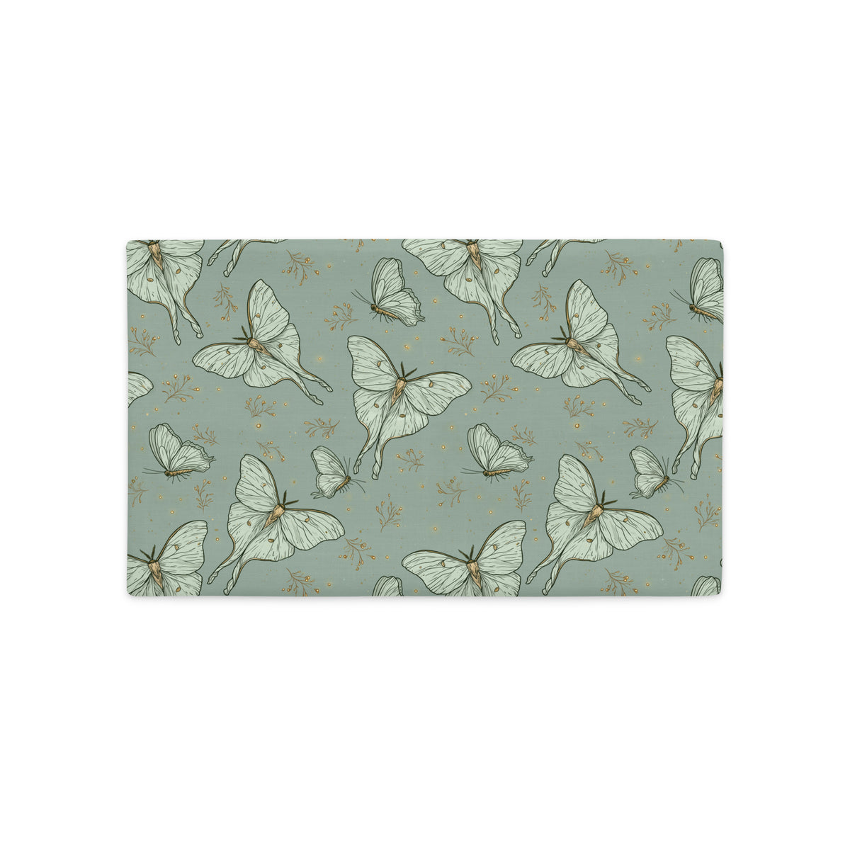 A rectangular fabric placemat or table mat featuring a repeating pattern of pale green and white moths and butterflies on a muted sage green background.