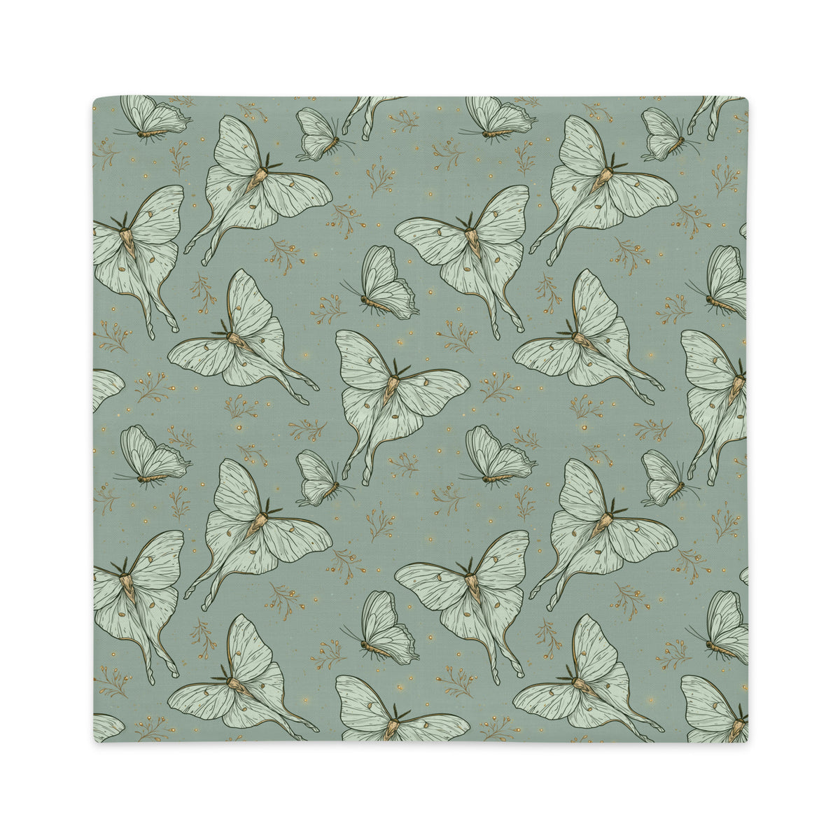 A square pillow cover with a repeating pattern of pale green butterflies and small gold floral details on a muted sage green background, shown against a plain white backdrop.