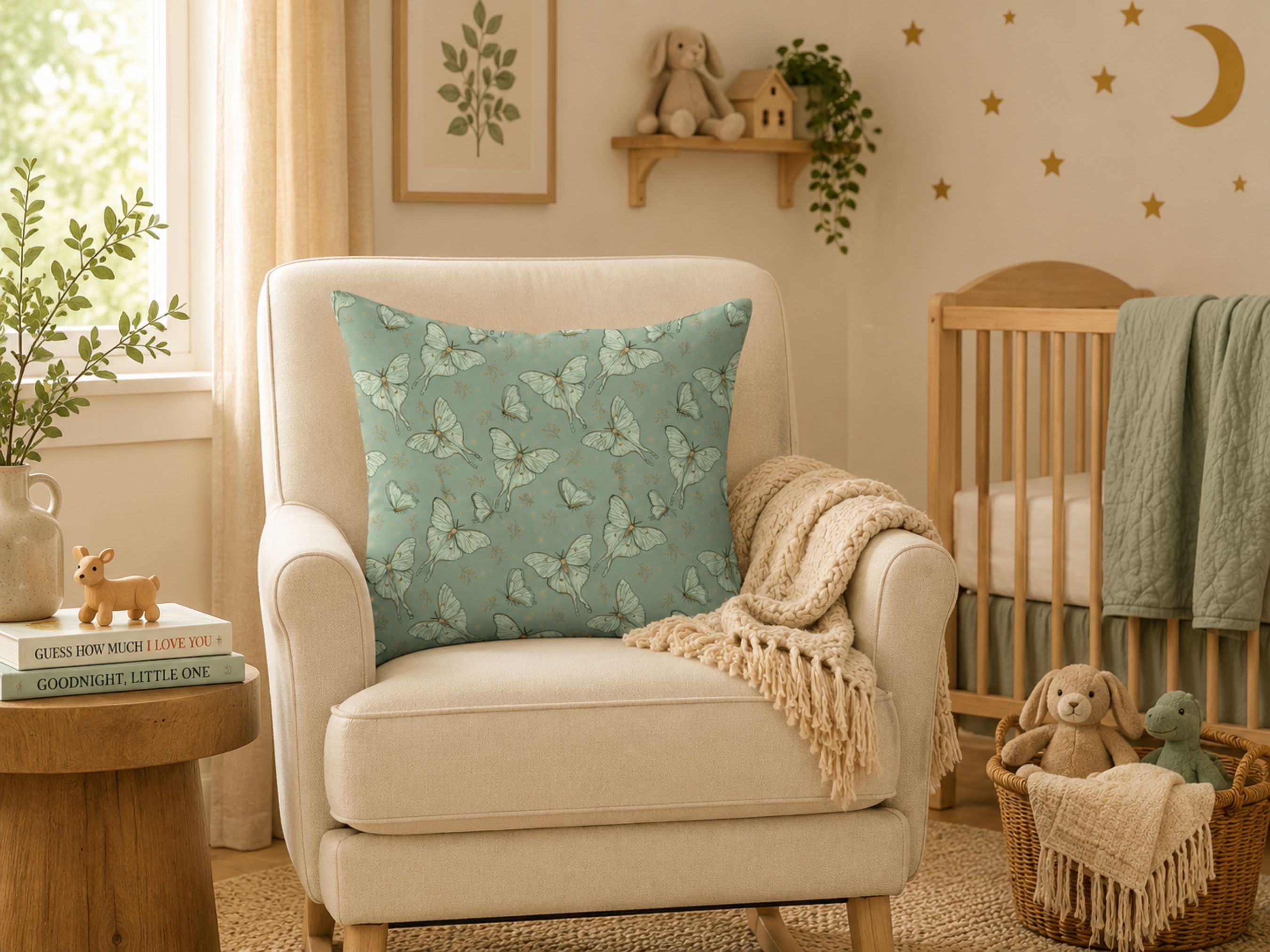 A styled nursery scene featuring a light beige armchair with a teal throw pillow printed with a butterfly pattern, alongside a cream knit throw blanket, a wooden crib, and soft nursery decor.