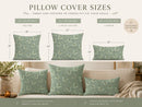 Pillow cover sizes chart showing three options: 18 x 18 inches square, 22 x 22 inches large square, and 20 x 12 inches lumbar, with matching sage green butterfly-patterned pillow covers displayed on a sofa.