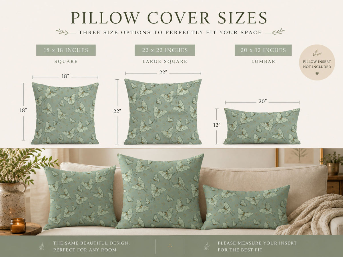 Pillow cover sizes chart showing three options: 18 x 18 inches square, 22 x 22 inches large square, and 20 x 12 inches lumbar, with matching sage green butterfly-patterned pillow covers displayed on a sofa.