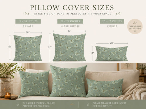 Pillow cover sizes chart showing three options: 18 x 18 inches square, 22 x 22 inches large square, and 20 x 12 inches lumbar, with matching sage green butterfly-patterned pillow covers displayed on a sofa.