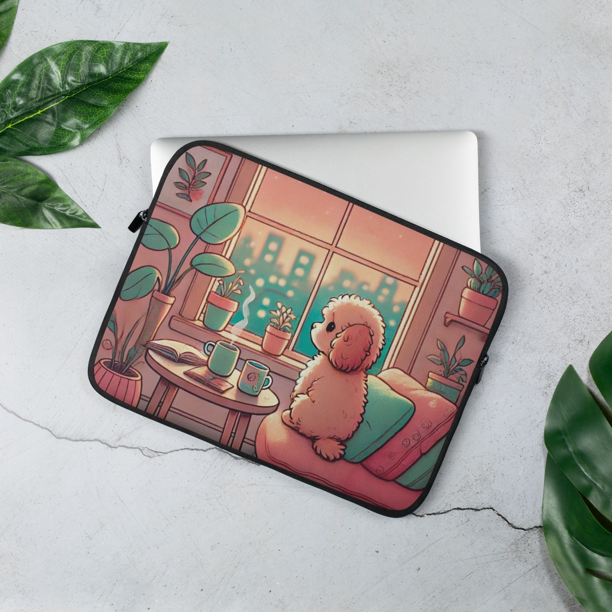 Sunset City Glow - Lofi Kawaii Laptop Sleeve with Cavapoo Dog - 13″ | High - Quality Laptop Case | Curated Chroma Designs