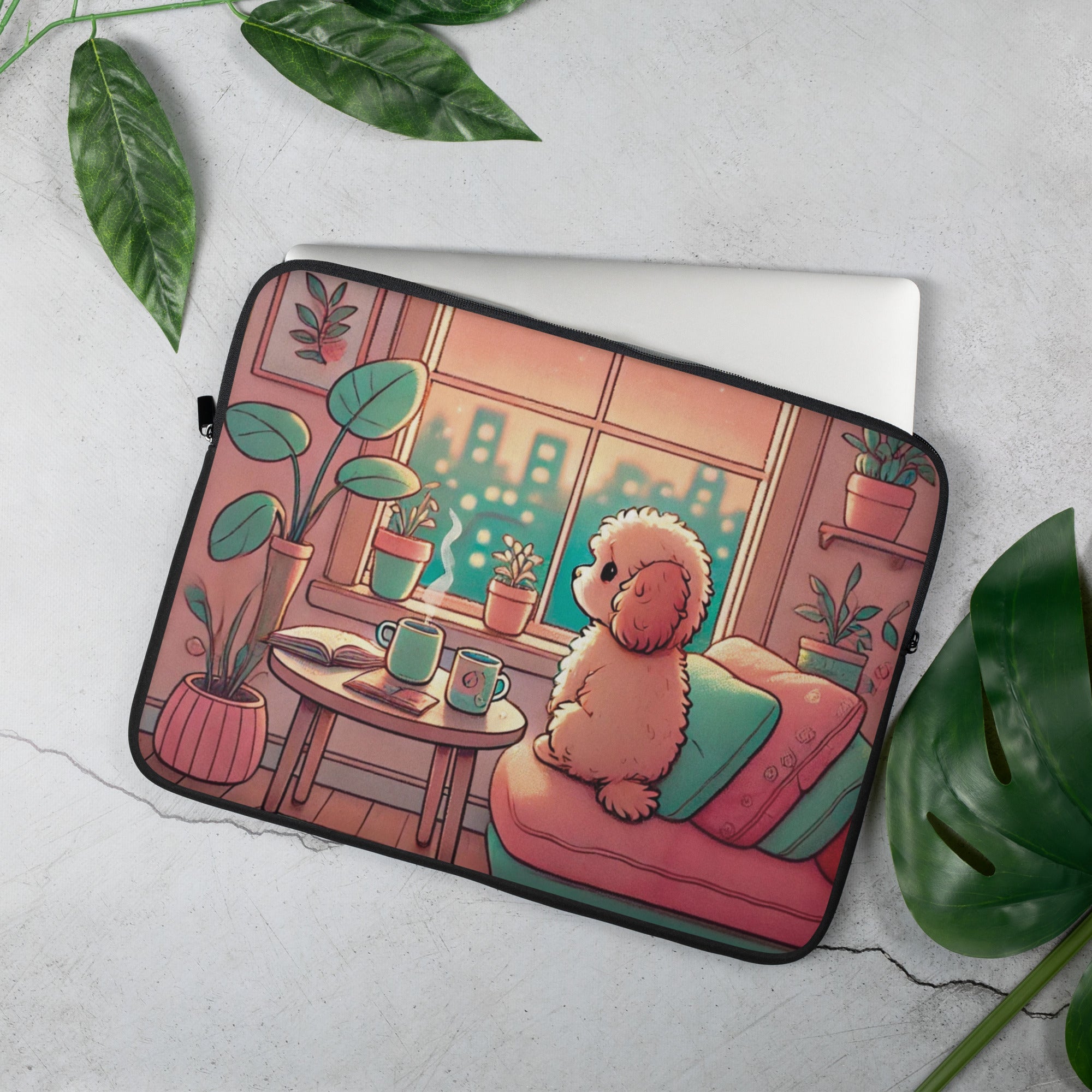 Sunset City Glow - Lofi Kawaii Laptop Sleeve with Cavapoo Dog - 15″ | High - Quality Laptop Case | Curated Chroma Designs